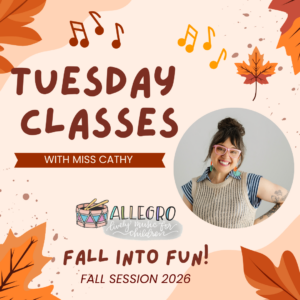Fall-themed poster advertising Tuesday Classes with Miss Cathy for Allegro children's music, featuring Cathy’s portrait and the 'Fall into Fun' tagline.