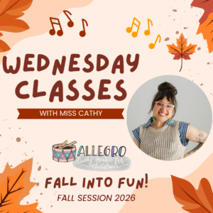 Poster advertising Wednesday Classes with Miss Cathy for fall session 2026, featuring a smiling instructor photo and autumn-themed design.