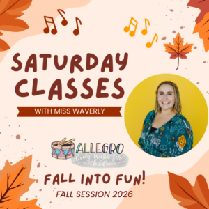 Poster promoting Saturday Classes with Miss Waverly, featuring a photo of the instructor, autumn leaf design, and 'Fall into Fun.'